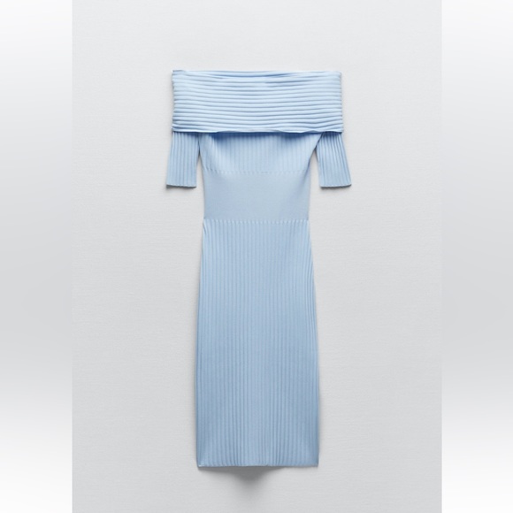 Zara OFF-THE-SHOULDER KNIT DRESS. Light Blue. Size S. New with Tags. - Picture 9 of 10